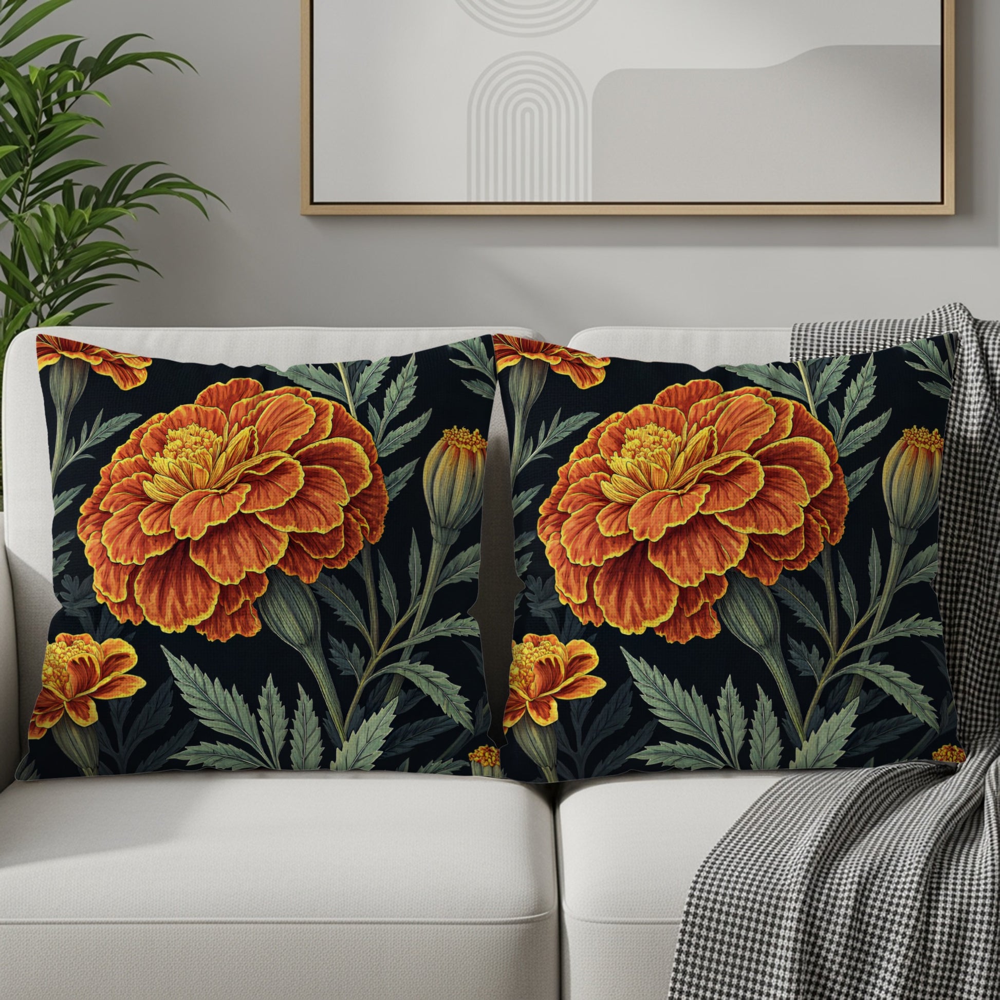 Vibrant Marigold Garden Art Deco Style Decorative Floral Throw Pillows - Walk Greener