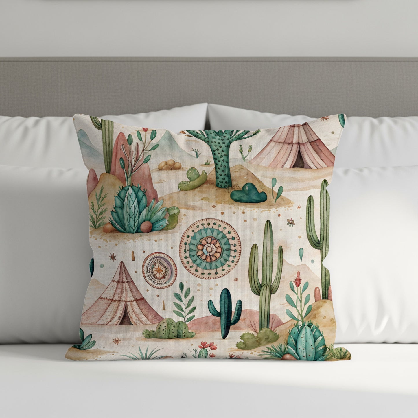 Boho Desert Themed Cactus and Tent Print Pillow