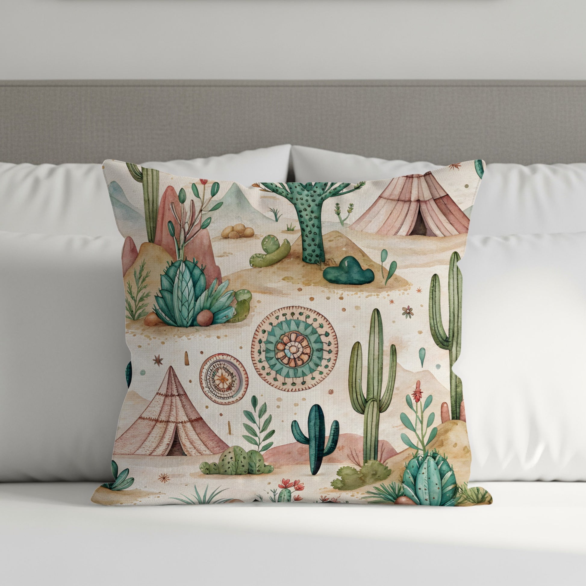 Boho Desert Themed Cactus and Tent Print Pillow