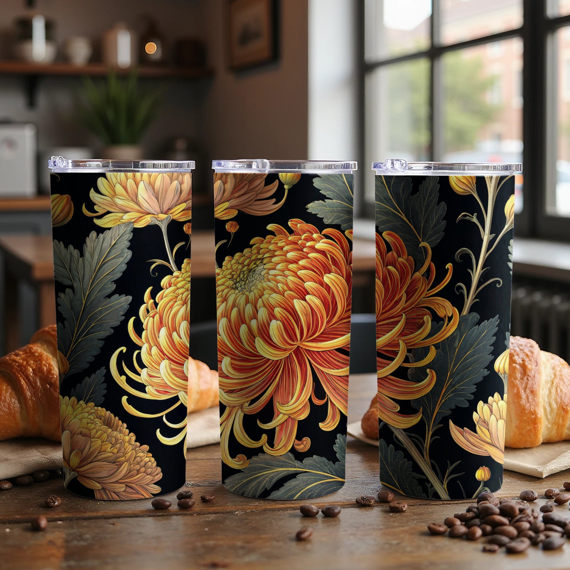 Yellow Orange Chrysanthemum Floral Artwork on Black Tumblers - Walk Greener