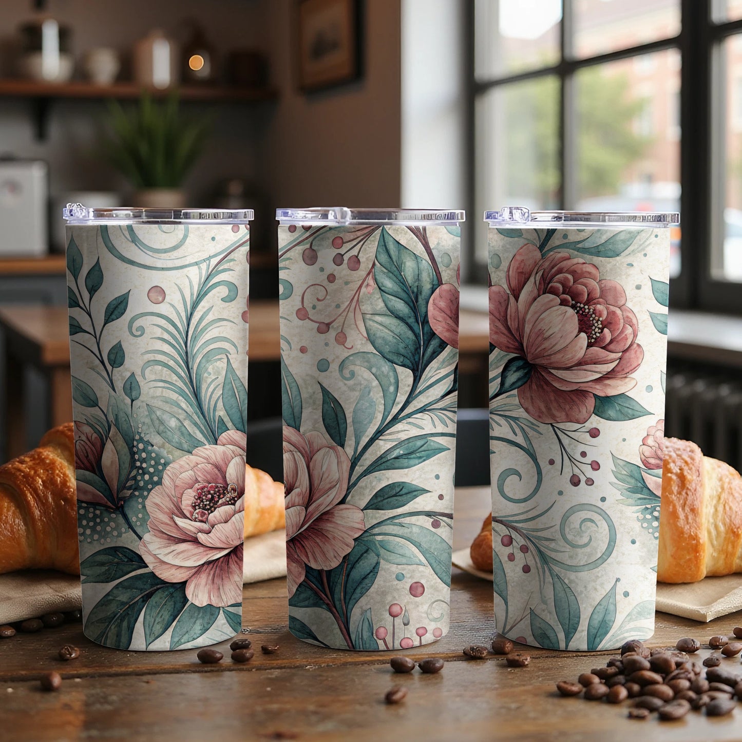 Watercolor Floral Elegant Roses and Leaves Design 20 oz Skinny Tumbler - Walk Greener