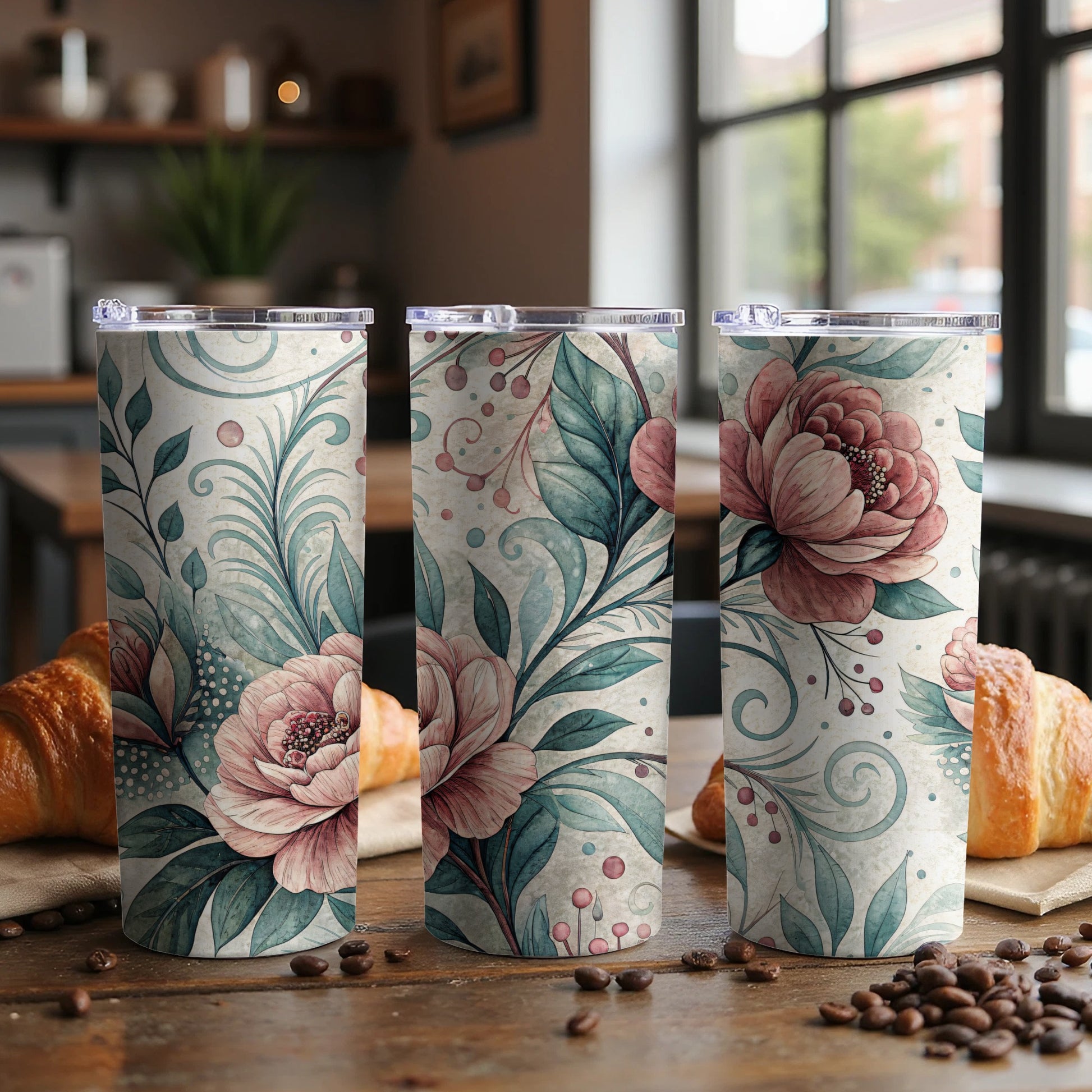 Watercolor Floral Elegant Roses and Leaves Design 20 oz Skinny Tumbler - Walk Greener