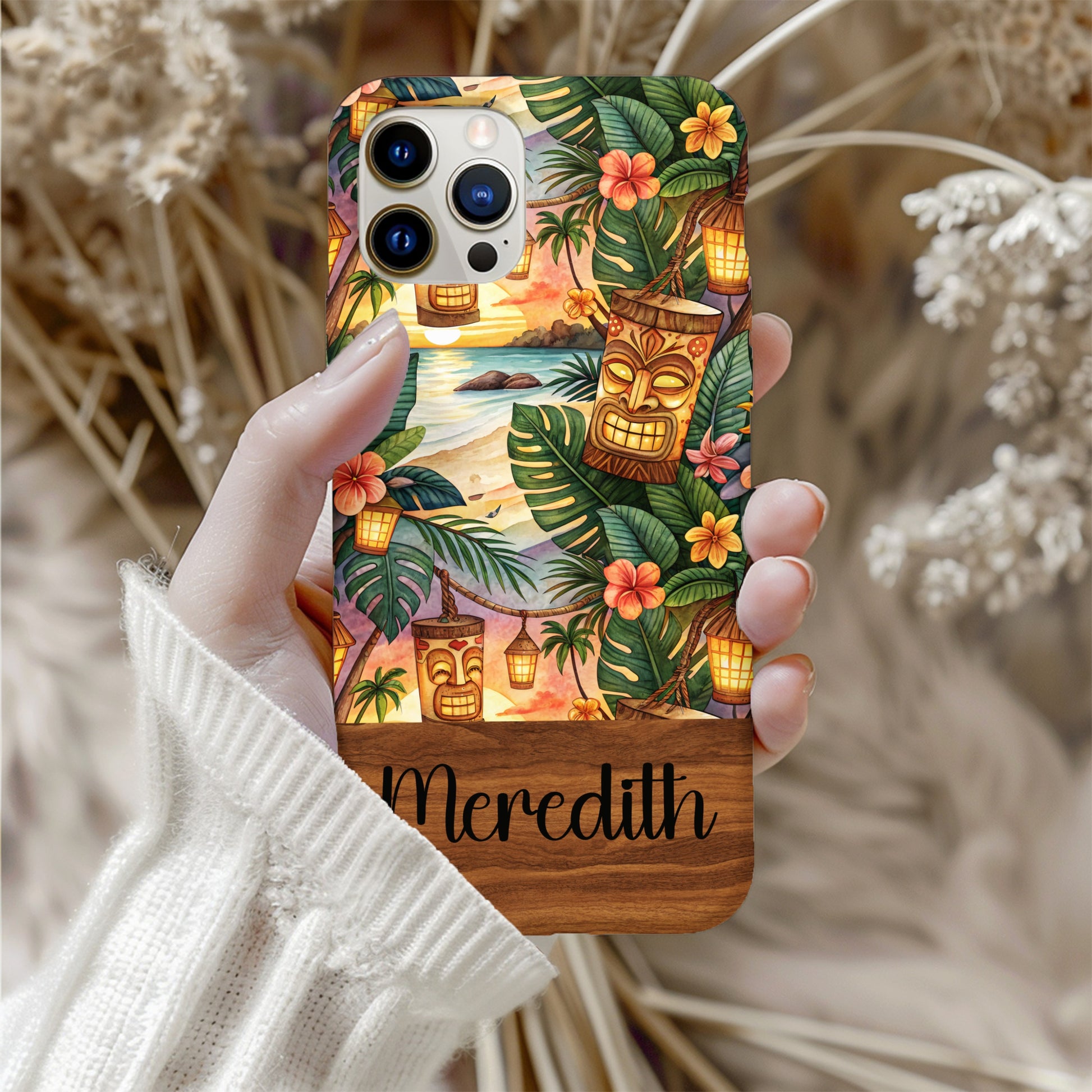 Tiki Themed Personalized Phone Case with Beach Scene