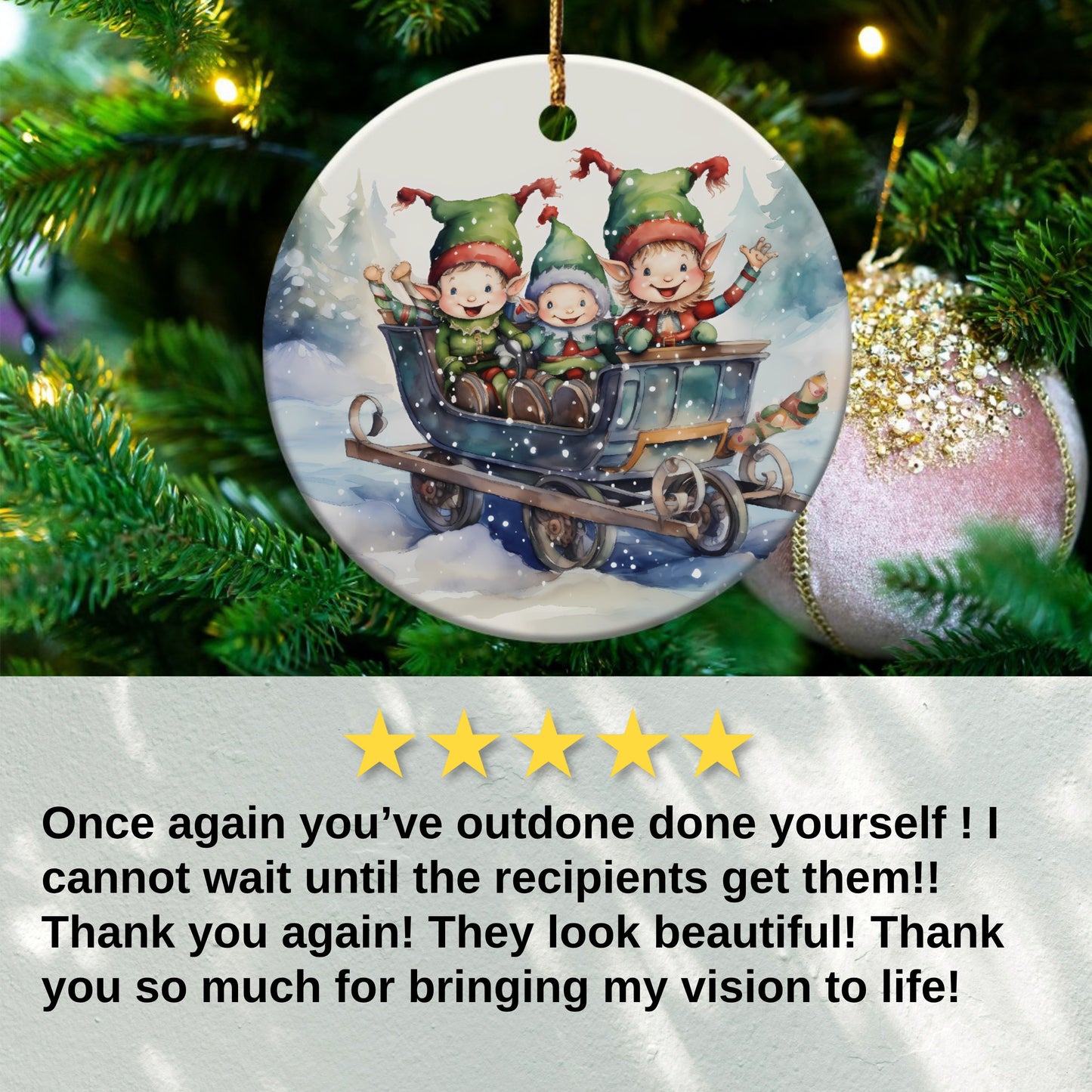 Adorable Elves in Wagon Ornament Christmas product type