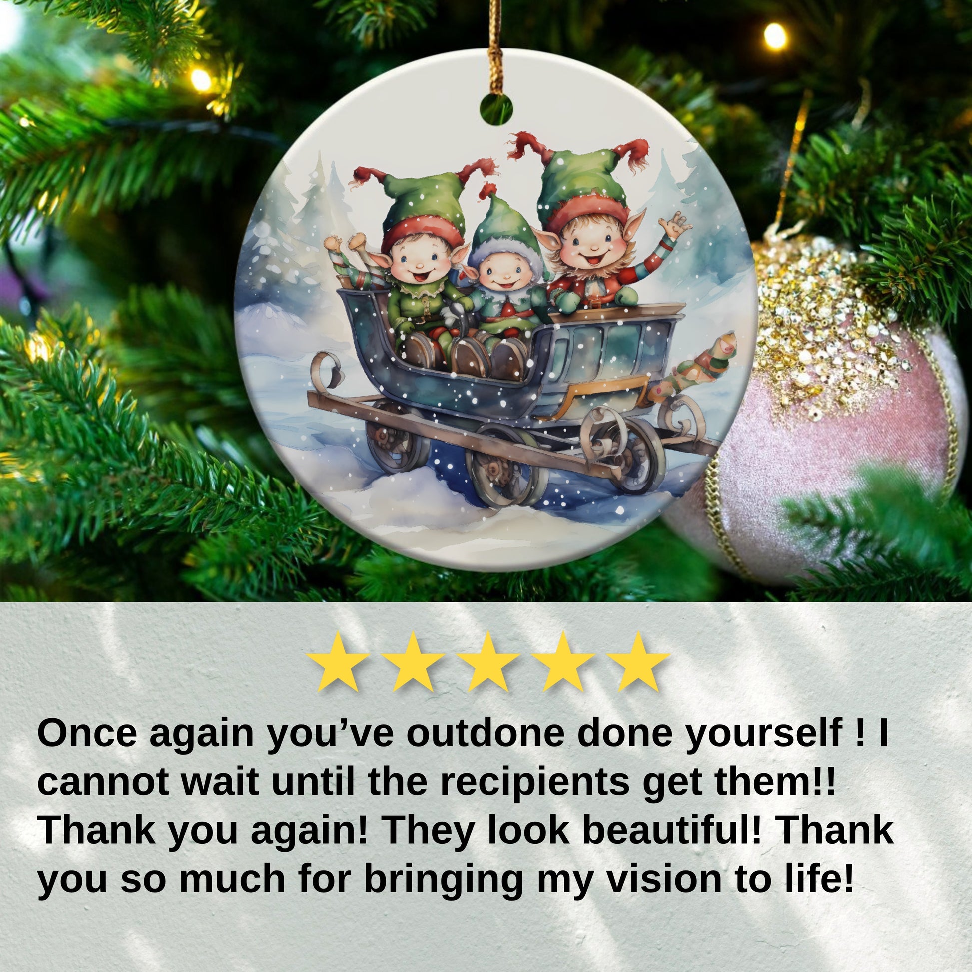 Adorable Elves in Wagon Ornament Christmas product type
