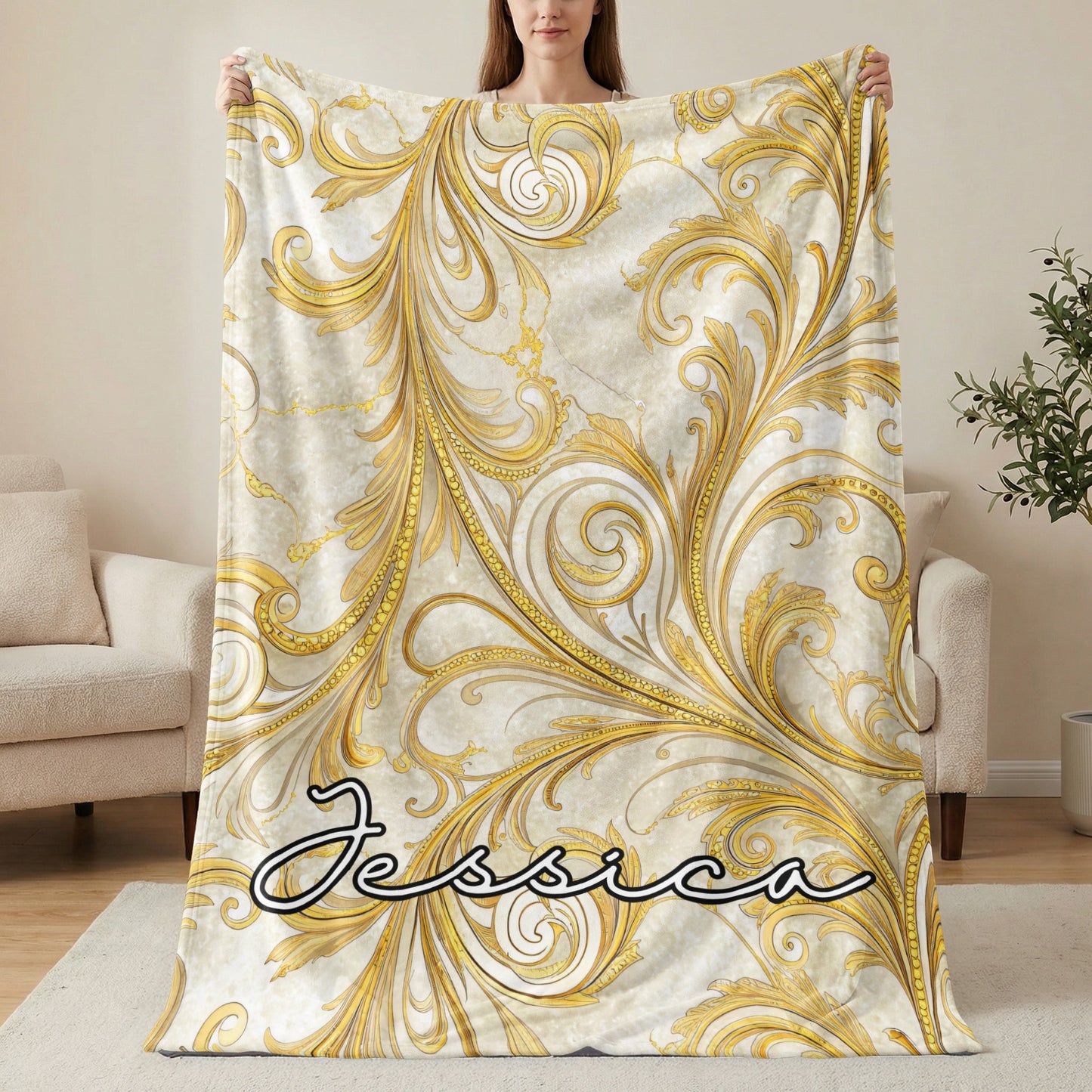 Elegant Gold Swirl Personalized Jessica Blanket