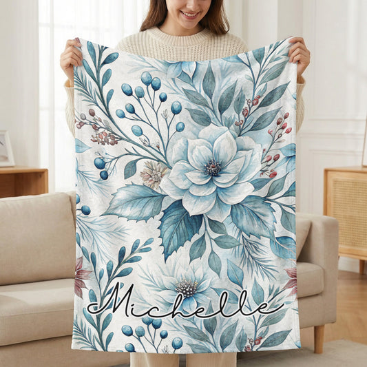 Personalized Floral Blue and White Throw Blanket