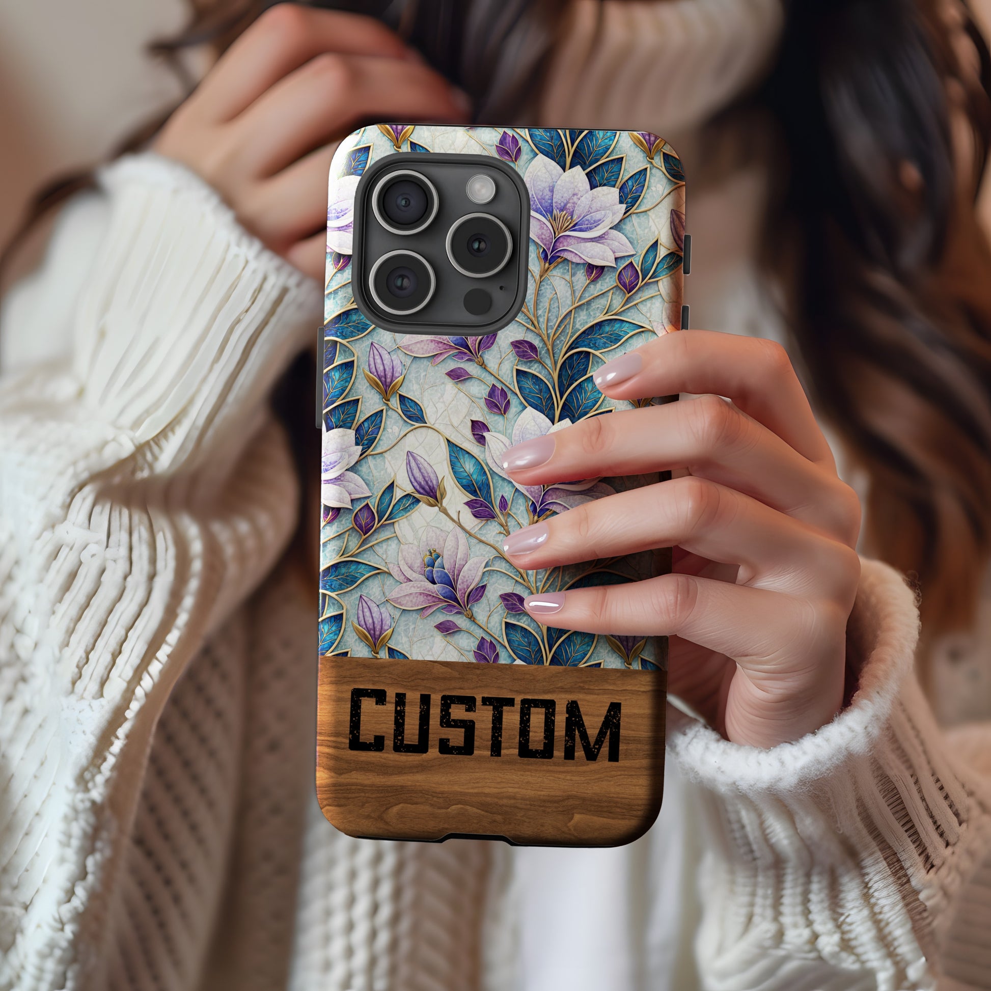 Custom Floral and Wooden Design Phone Case