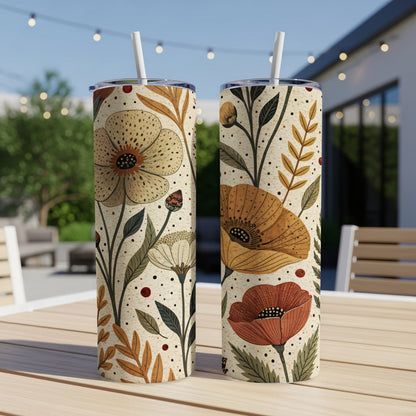 Elegant Floral Pattern with Earthy Tones 20 oz Skinny Tumbler - Walk Greener