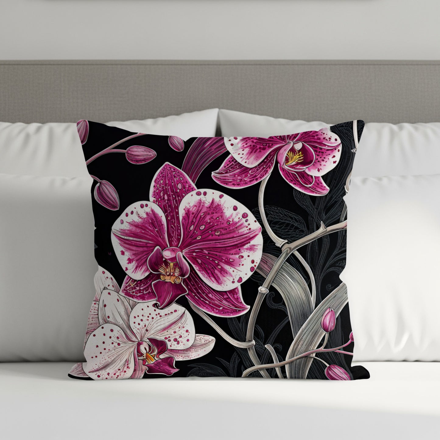 Exotic Orchids on Black Elegant Decorative Floral Throw Pillows - Walk Greener