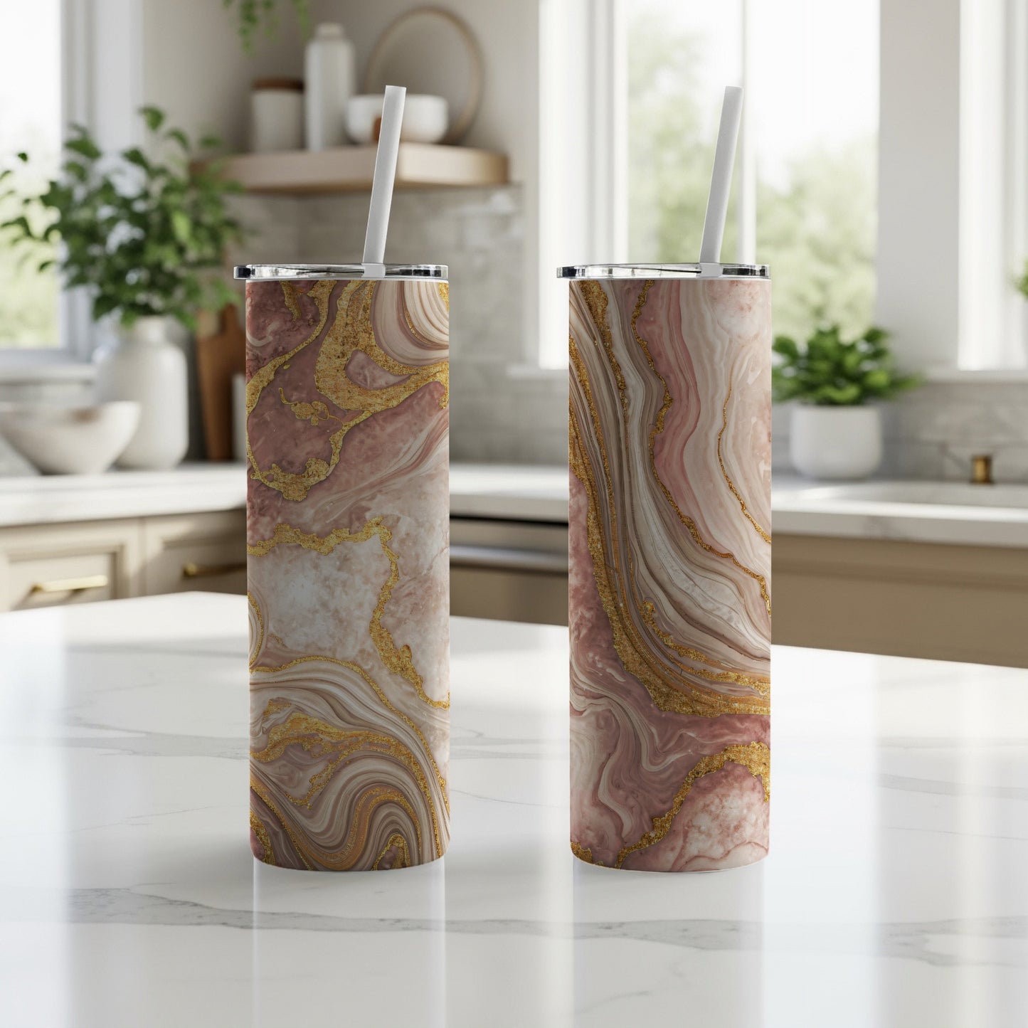 Elegant Marble Design Insulated Tumbler with Straw