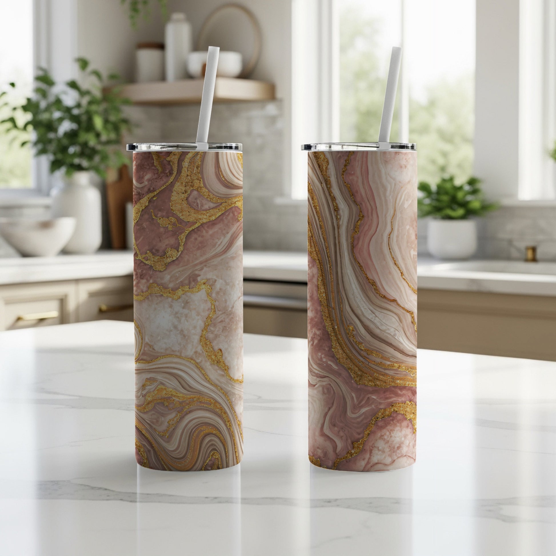 Elegant Marble Design Insulated Tumbler with Straw