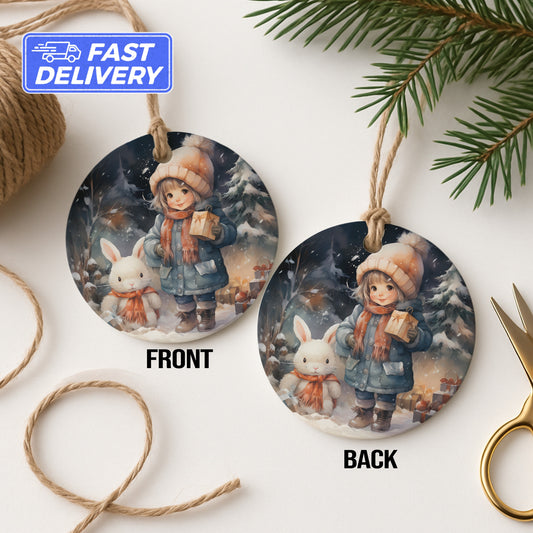 Cozy Winter Scene with Child and Rabbit ornament product type