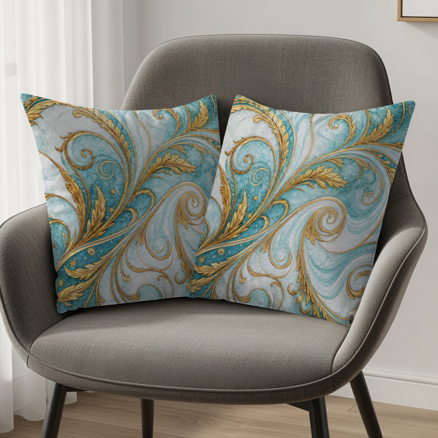 Elegant Gold and Blue Swirl Pattern Decorative Pillows