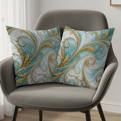 Elegant Gold and Blue Swirl Pattern Decorative Pillows