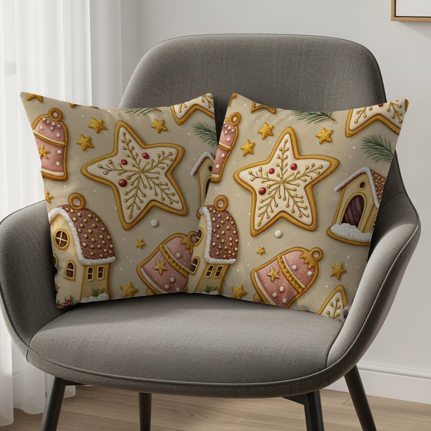 Festive Gingerbread House and Star Pillow Covers