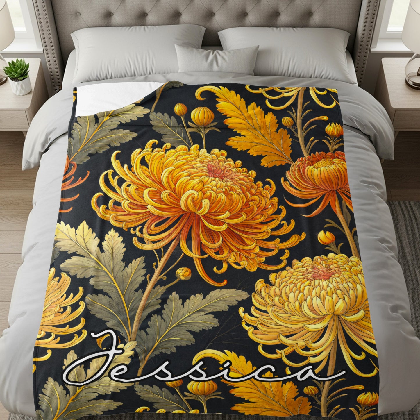Custom Floral Design Orange Yellow Blanket