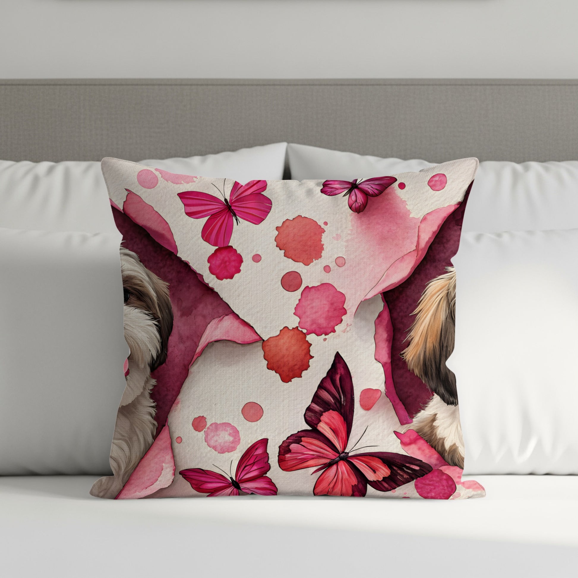 Adorable Dog and Butterfly Pink Decorative Pillow