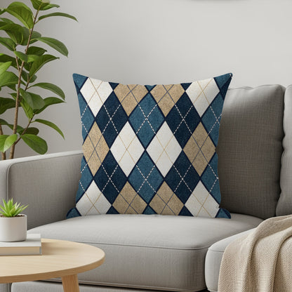Blue Tan and White Diamond Patterned Argyle Throw Pillows - Walk Greener
