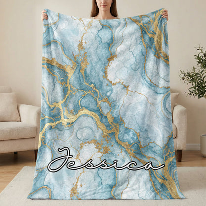 Teal and Gold Marble Custom Name Special Blanket - Walk Greener