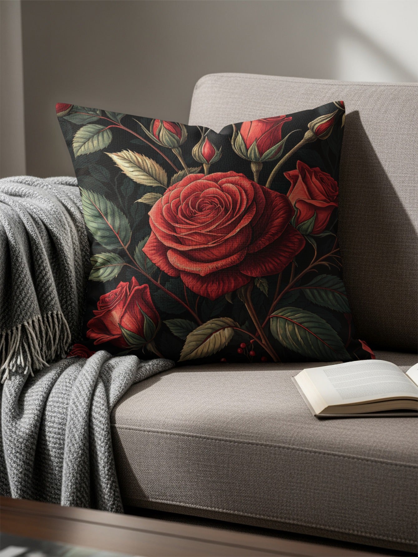 Vibrant Crimson Roses Elegant Blossoms Decorative Floral Throw Pillows - Walk Greener