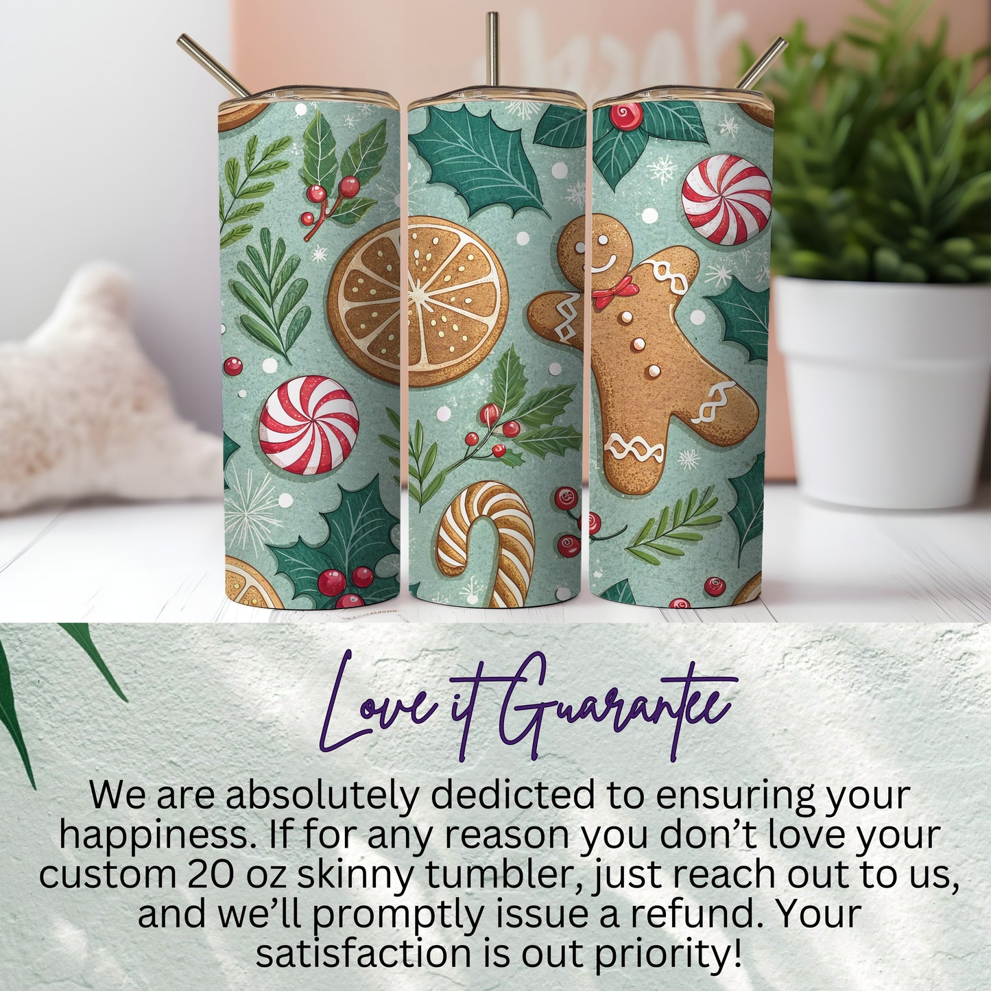 Custom 20 oz skinny tumbler with holiday design