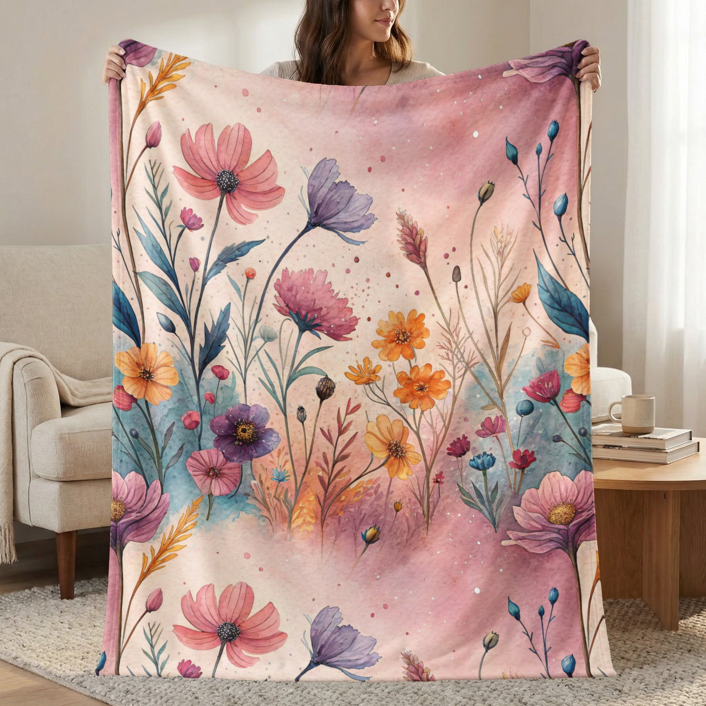 Watercolor Floral Garden On Pale Pink Design Velveteen Plush Blankets - Walk Greener