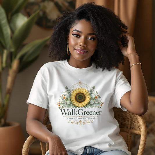 White t-shirt with a sunflower and floral design and text WalkGreener Home Garden Lifestyle