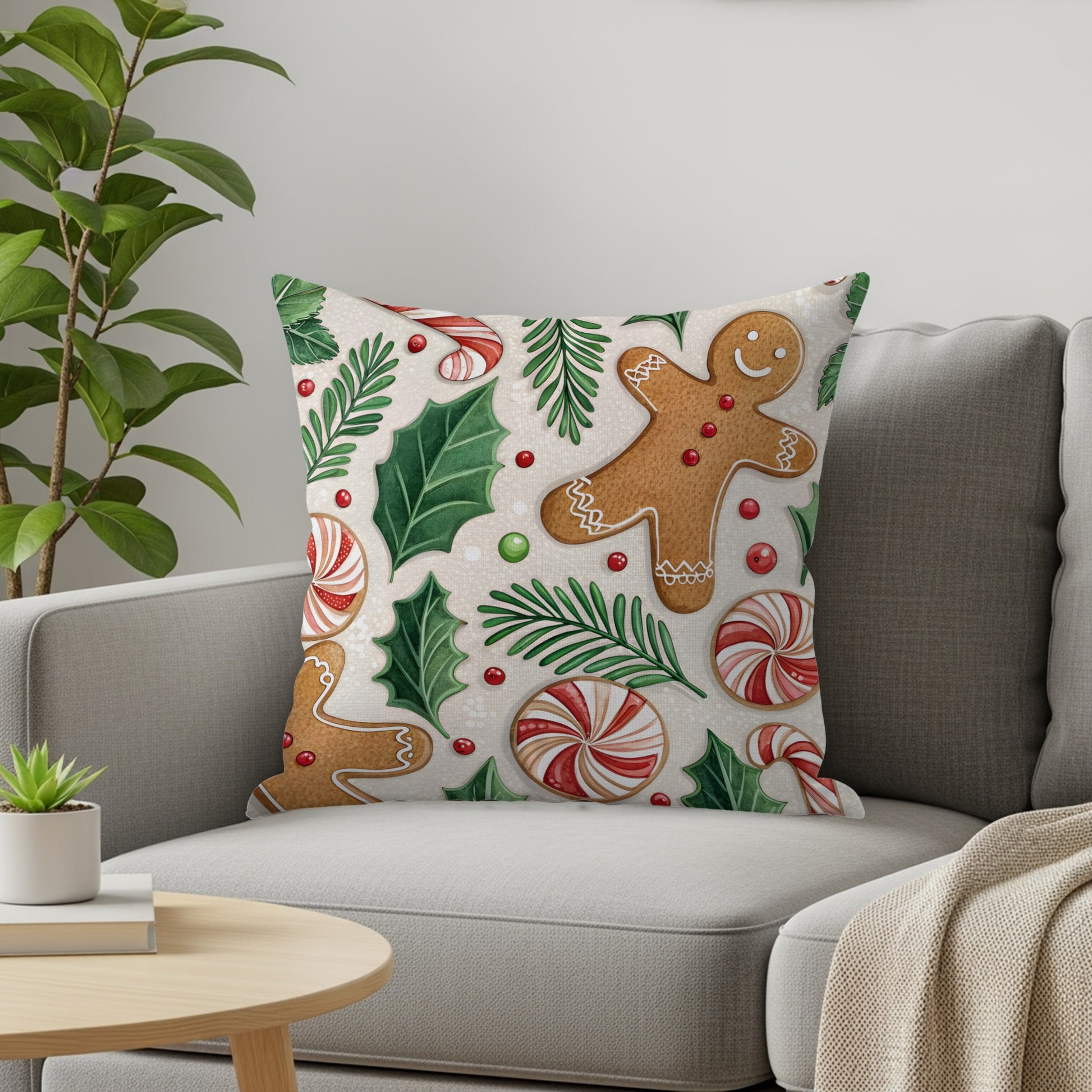 Festive Gingerbread Man and Holly Throw Pillow