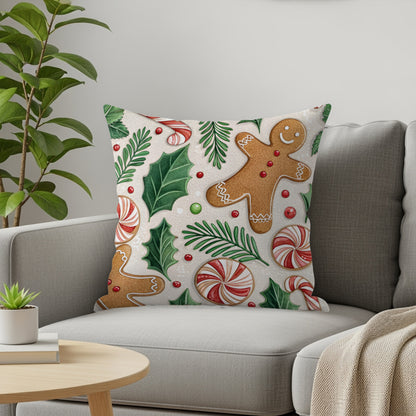Festive Gingerbread Man and Holly Throw Pillow