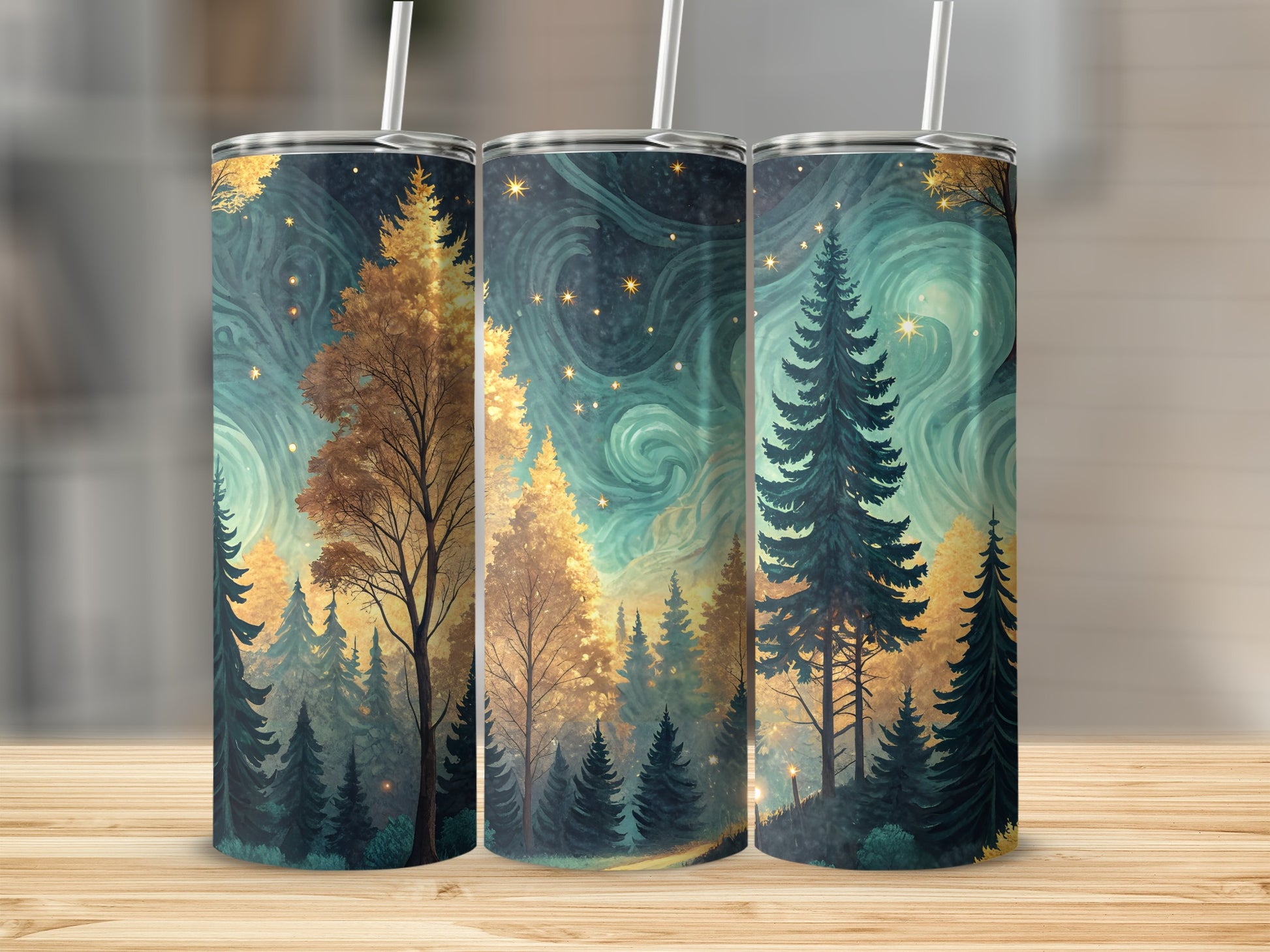 Enchanting Forest Scene with Starry Night Tumbler