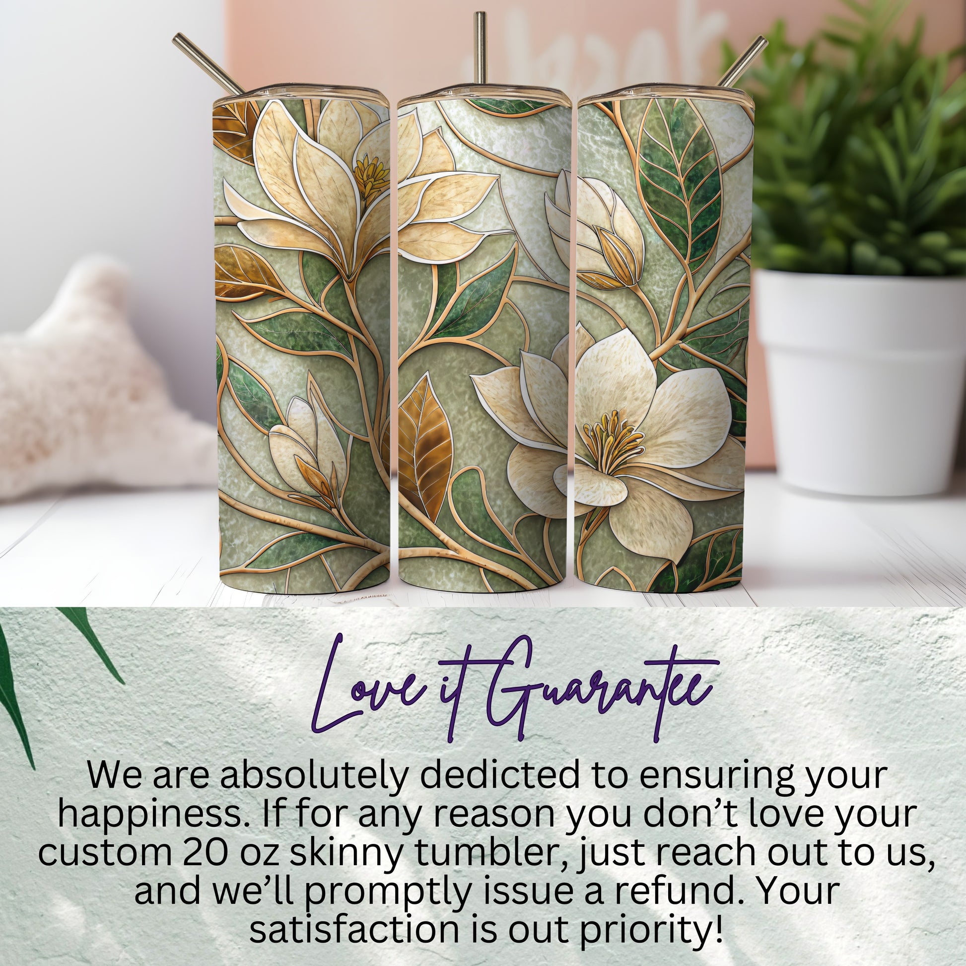 Magnolia Floral Art Background Design Pattern 20 oz Skinny Tumbler - Walk Greener