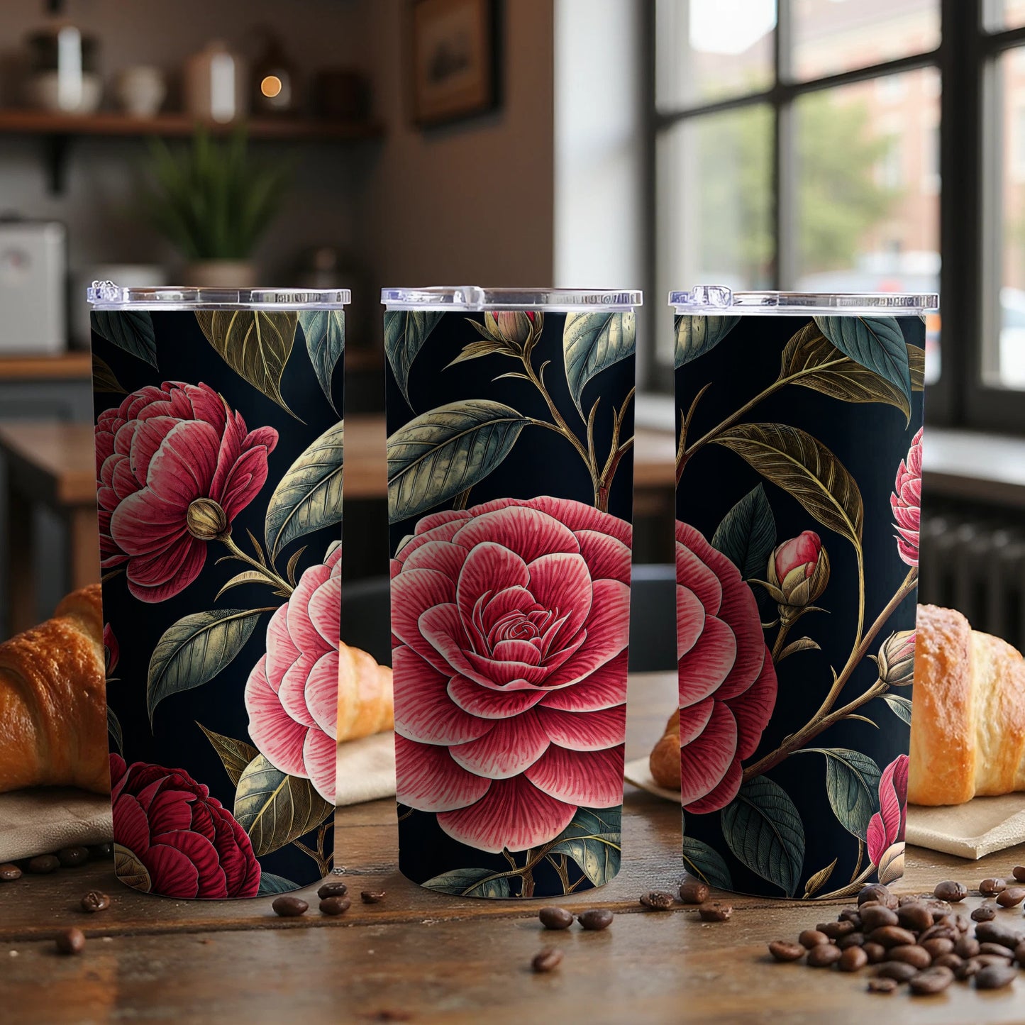 Pink Flower Detailed Floral Pattern Against Dark Background Tumblers - Walk Greener