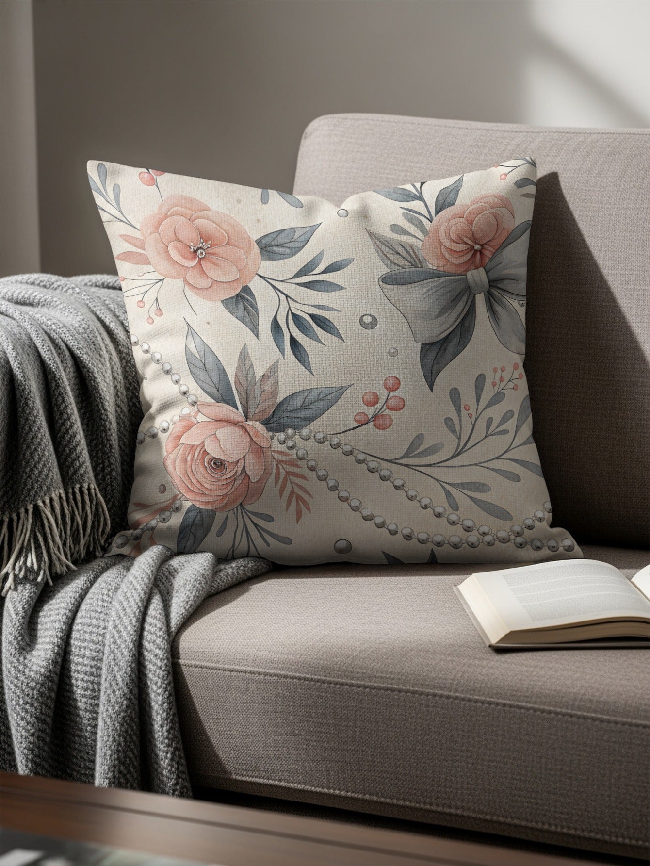 Flower and Beaded Pattern Decorative Throw Pillow