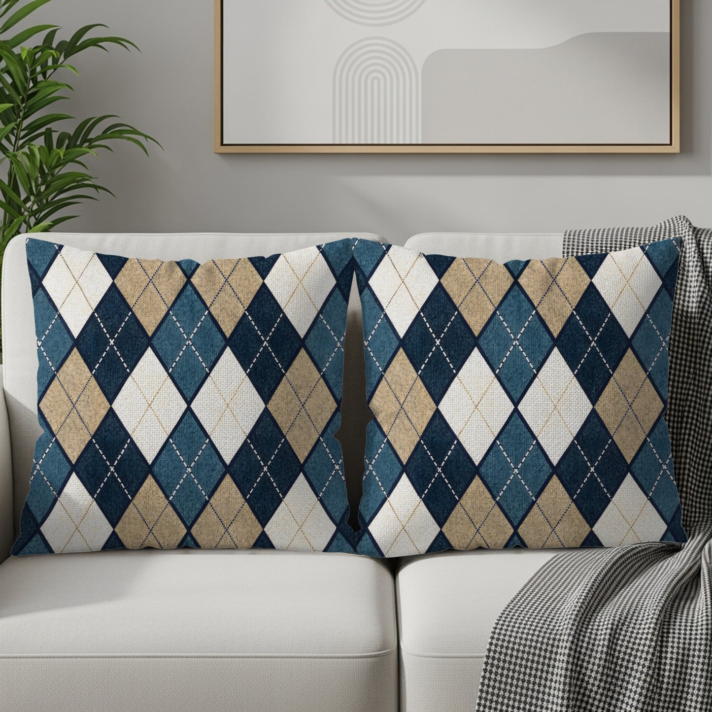 Blue Tan and White Diamond Patterned Argyle Throw Pillows - Walk Greener