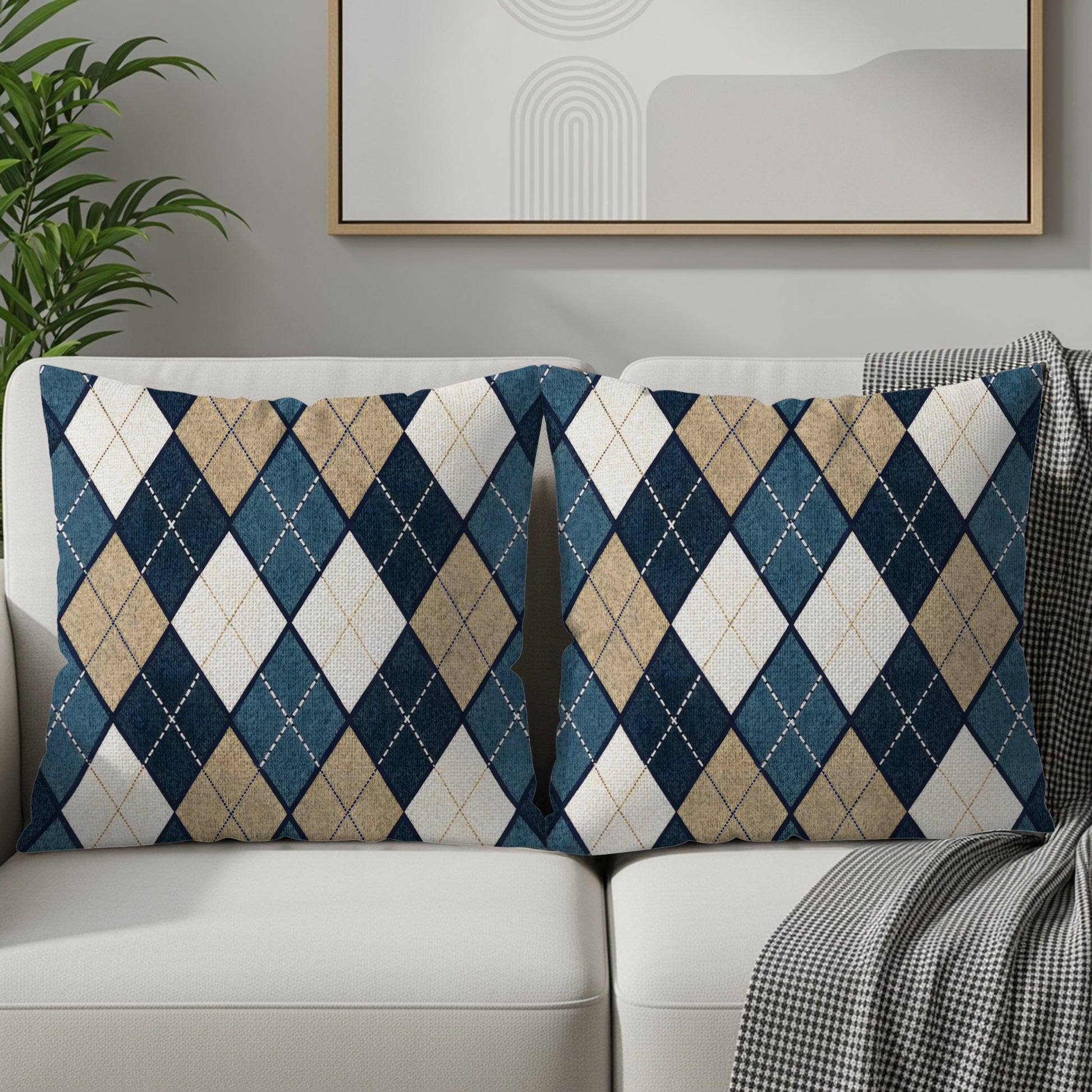 Blue Tan and White Diamond Patterned Argyle Throw Pillows - Walk Greener