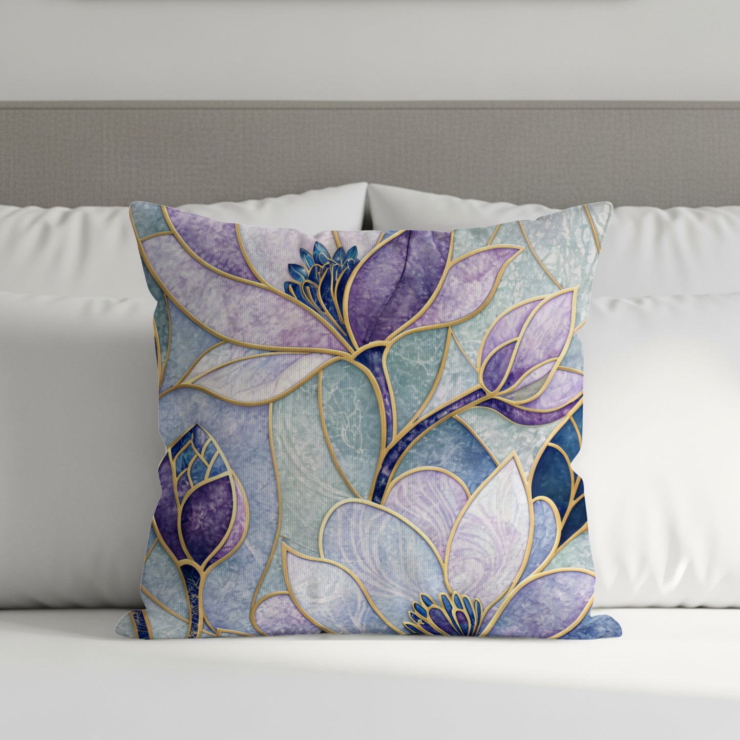Blue Purple Floral Stained Glass Style Pattern Throw Pillows - Walk Greener