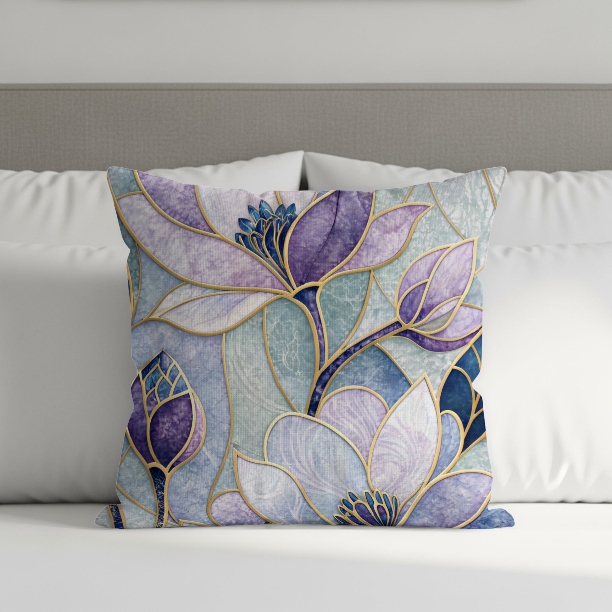 Blue Purple Floral Stained Glass Style Pattern Throw Pillows - Walk Greener