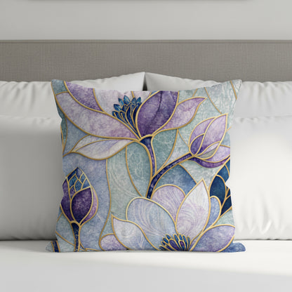 Blue Purple Floral Stained Glass Style Pattern Throw Pillows - Walk Greener