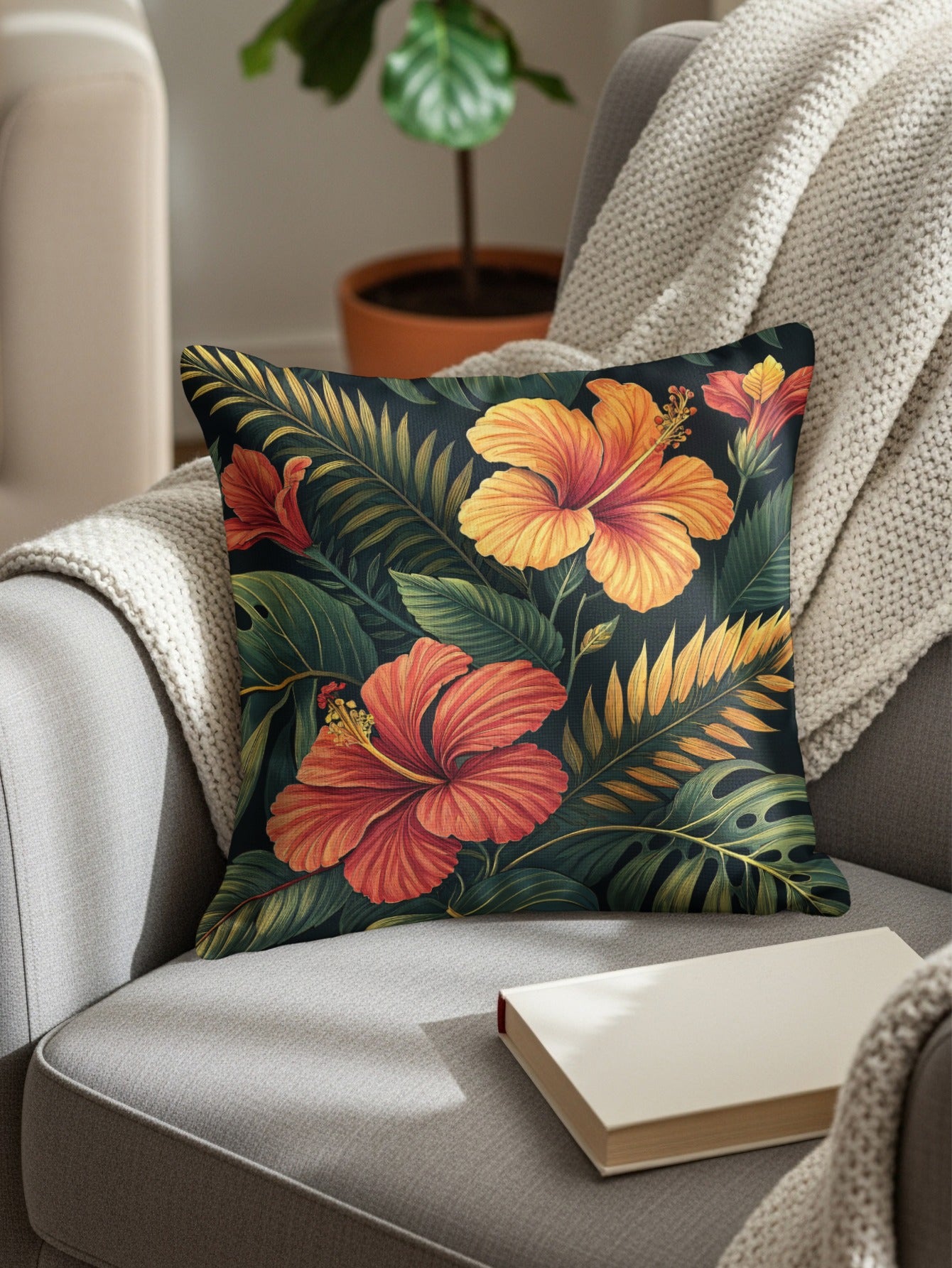 Tropical Hibiscus Floral Leaves Print Decorative Floral Throw Pillows - Walk Greener