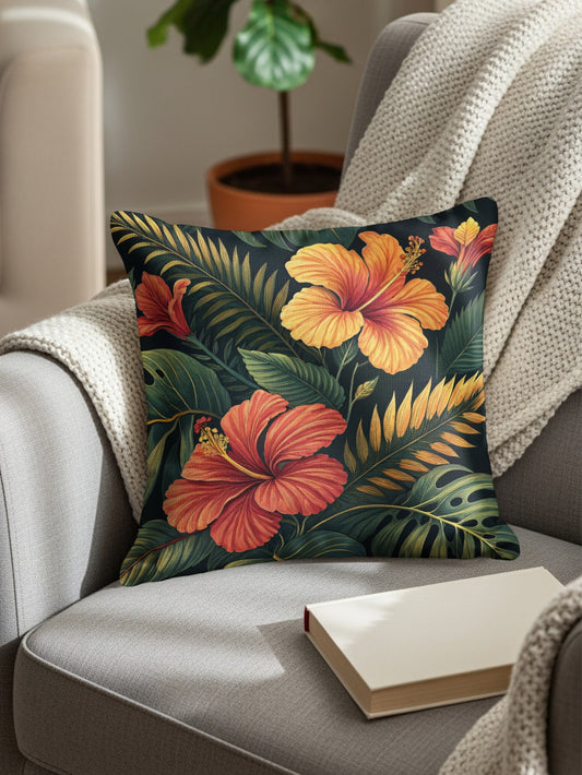 Tropical Hibiscus Floral Leaves Print Decorative Floral Throw Pillows - Walk Greener