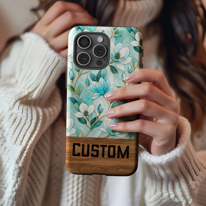Custom Floral Patterned Phone Case with Wooden Design