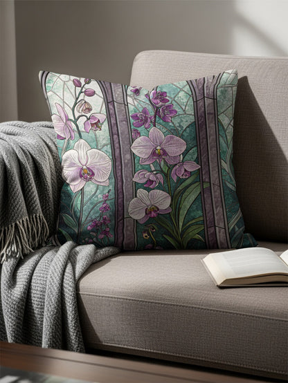 Elegant Stained Glass with Orchids Floral Motif Throw Pillows - Walk Greener