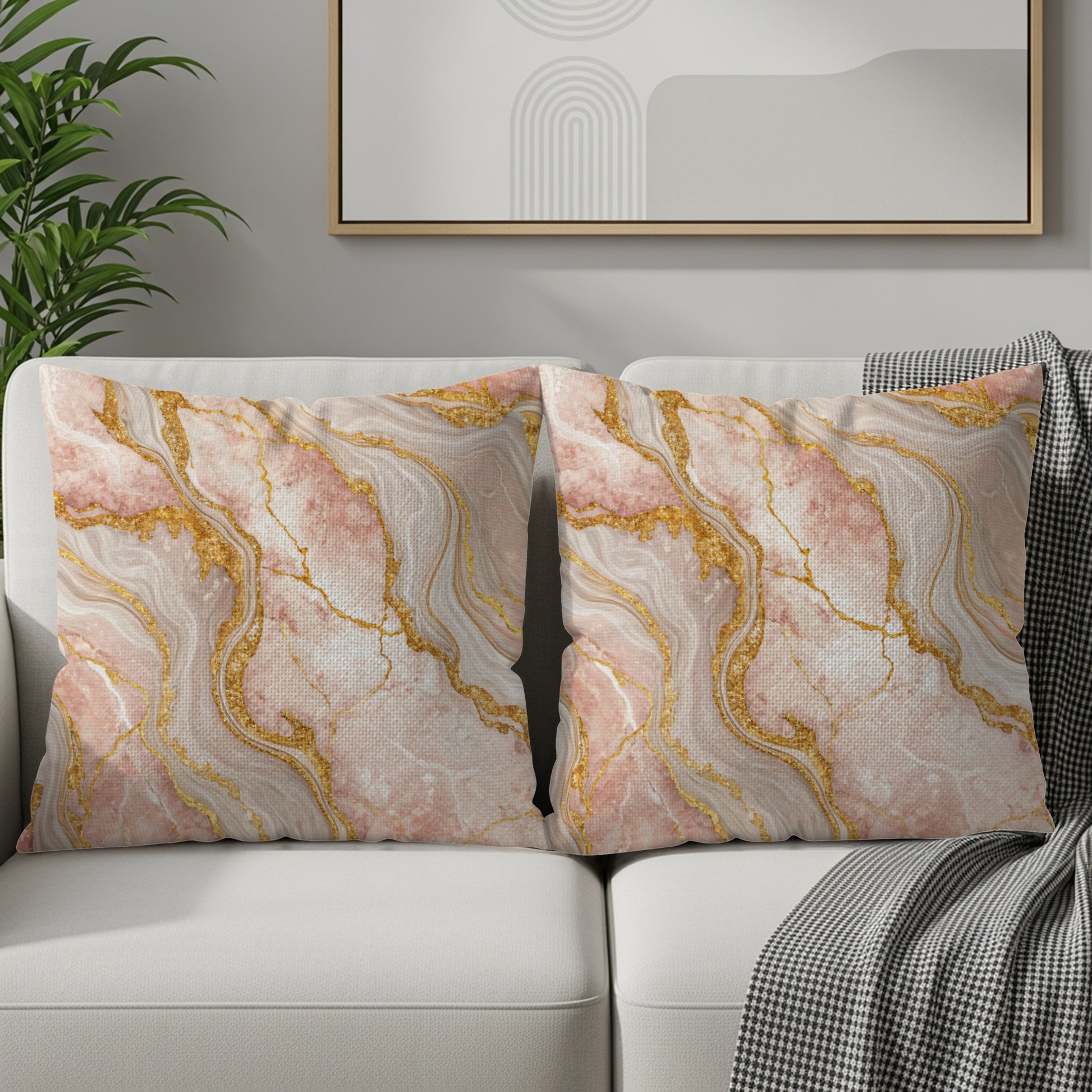 Rose Quartz with Golden Veins Abstract Decorative Floral Throw Pillows - Walk Greener