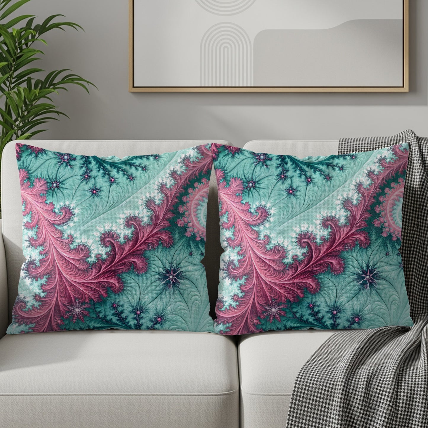 Vibrant Pink and Teal Fractal Design Throw Pillow