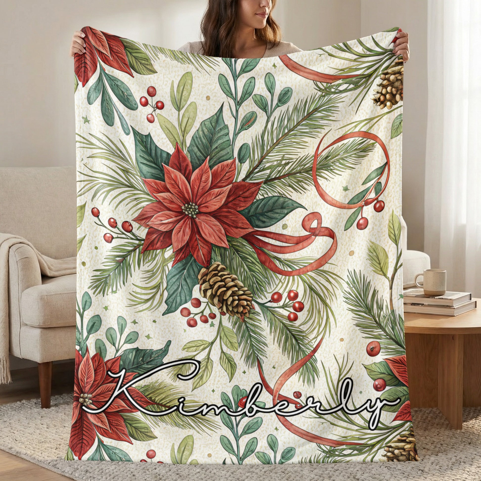 Festive Poinsettia Blanket with Personalized Name Design