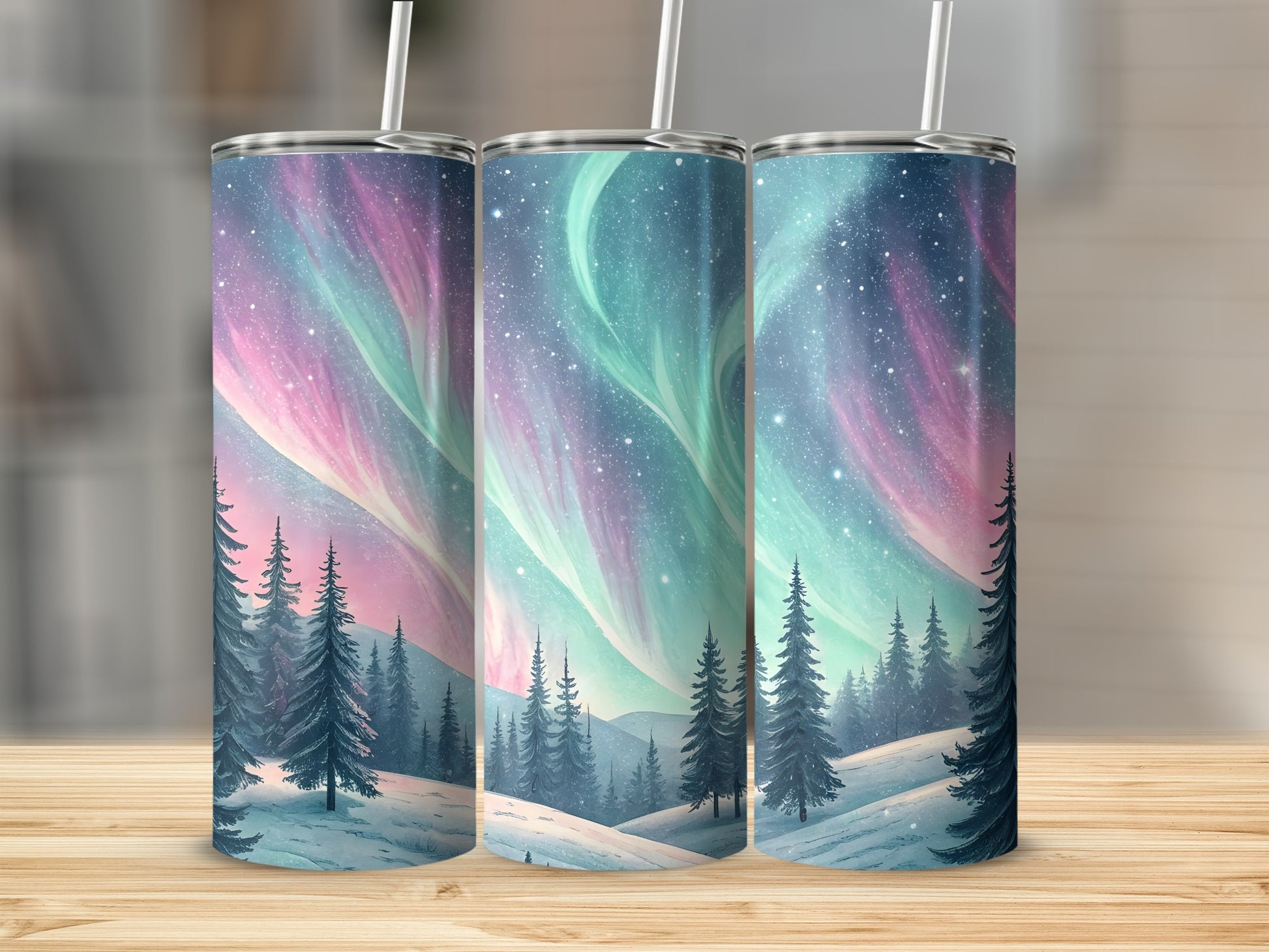 Aurora Borealis Over Snowy Forest Winter Scene Tumbler - Walk Greener