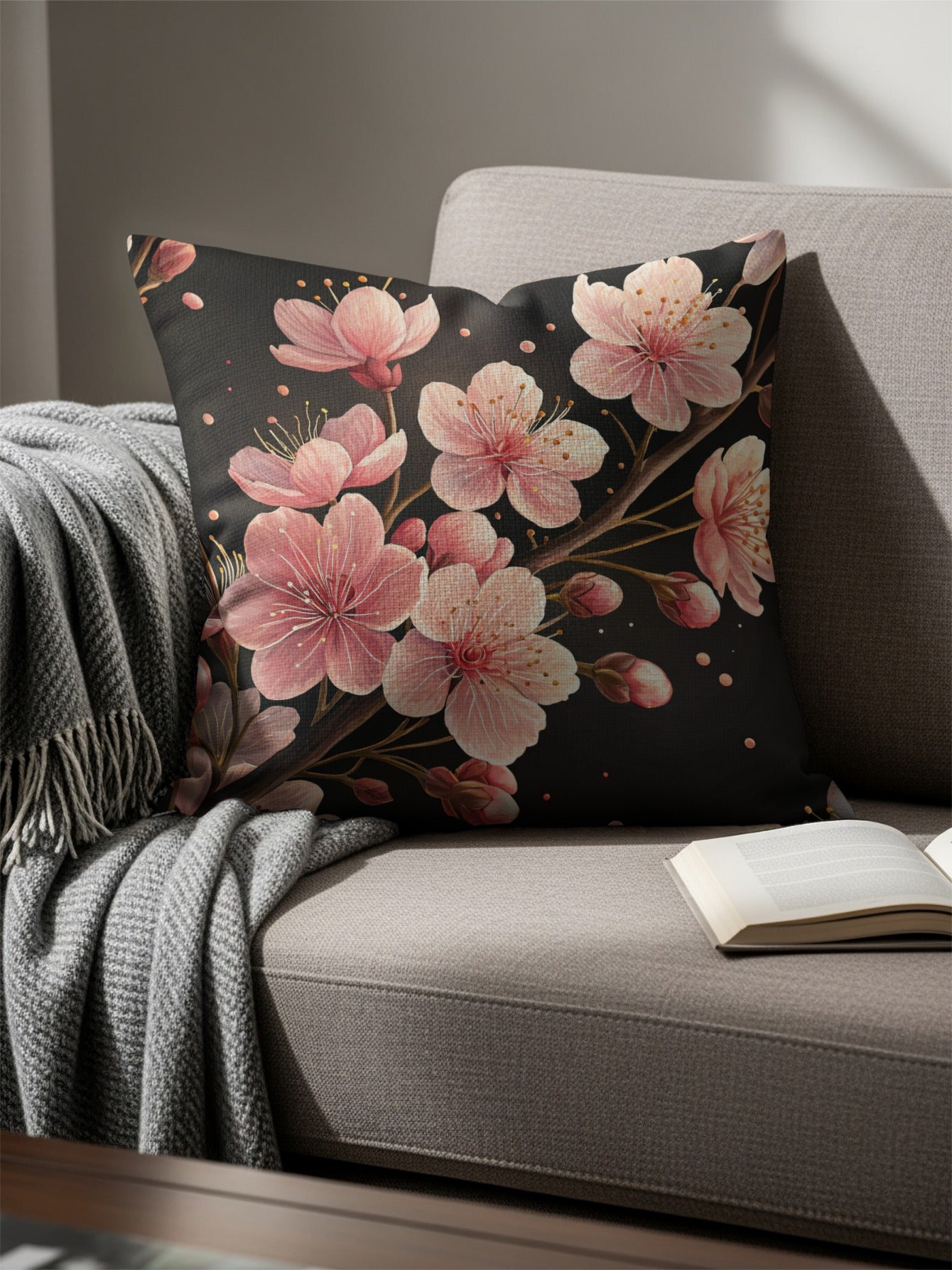 Dark Cherry Blossom Floral Branch Decorative Floral Throw Pillows - Walk Greener