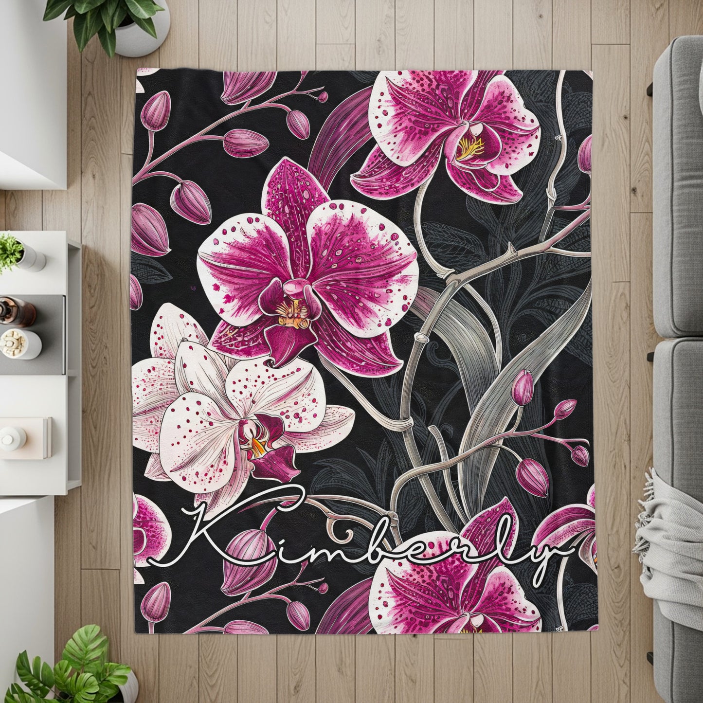 Custom Name Floral Design with Orchids on a Black Backdrop - Walk Greener