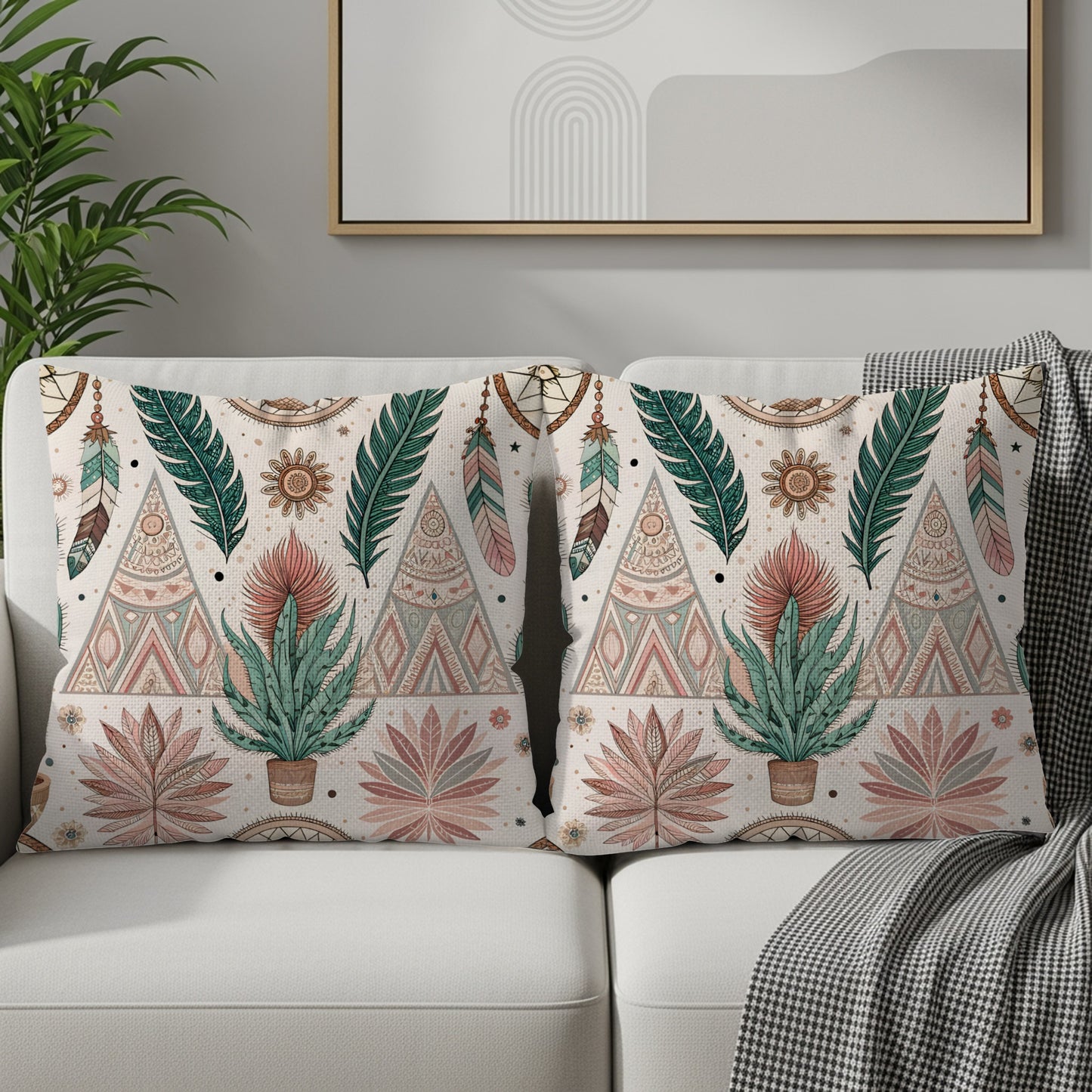 Boho Chic Feather and Floral Print Cushion Covers